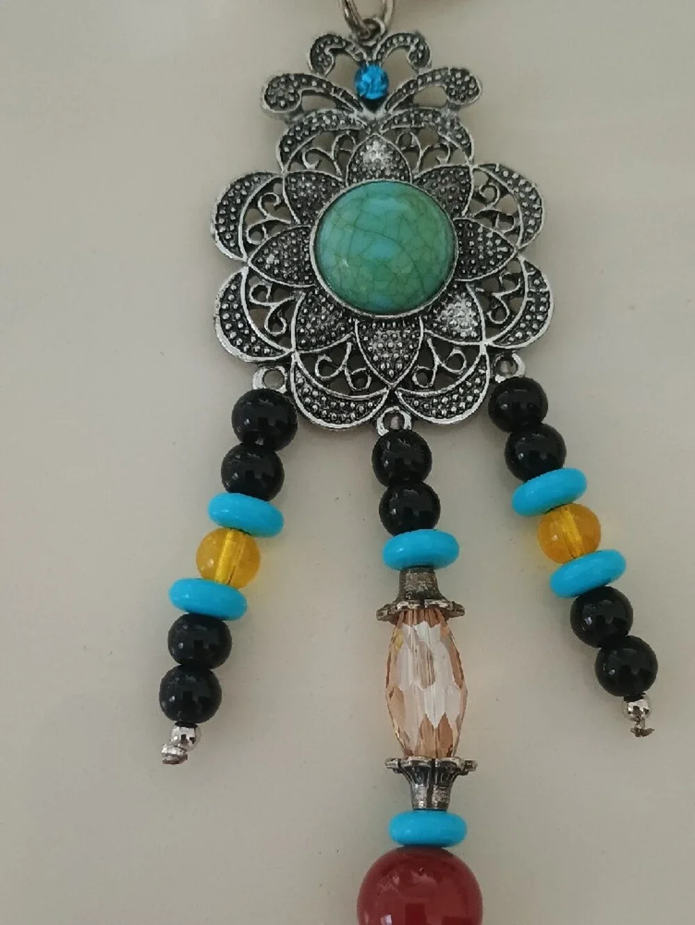Boho Turquoise & Red Beaded Silver Keychain Charm